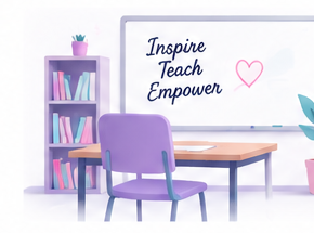 Illustrated classroom with a whiteboard reading Inspire, Teach, Empower