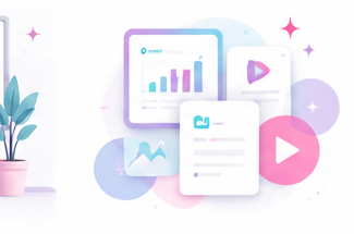Illustration of content cards, charts, and media